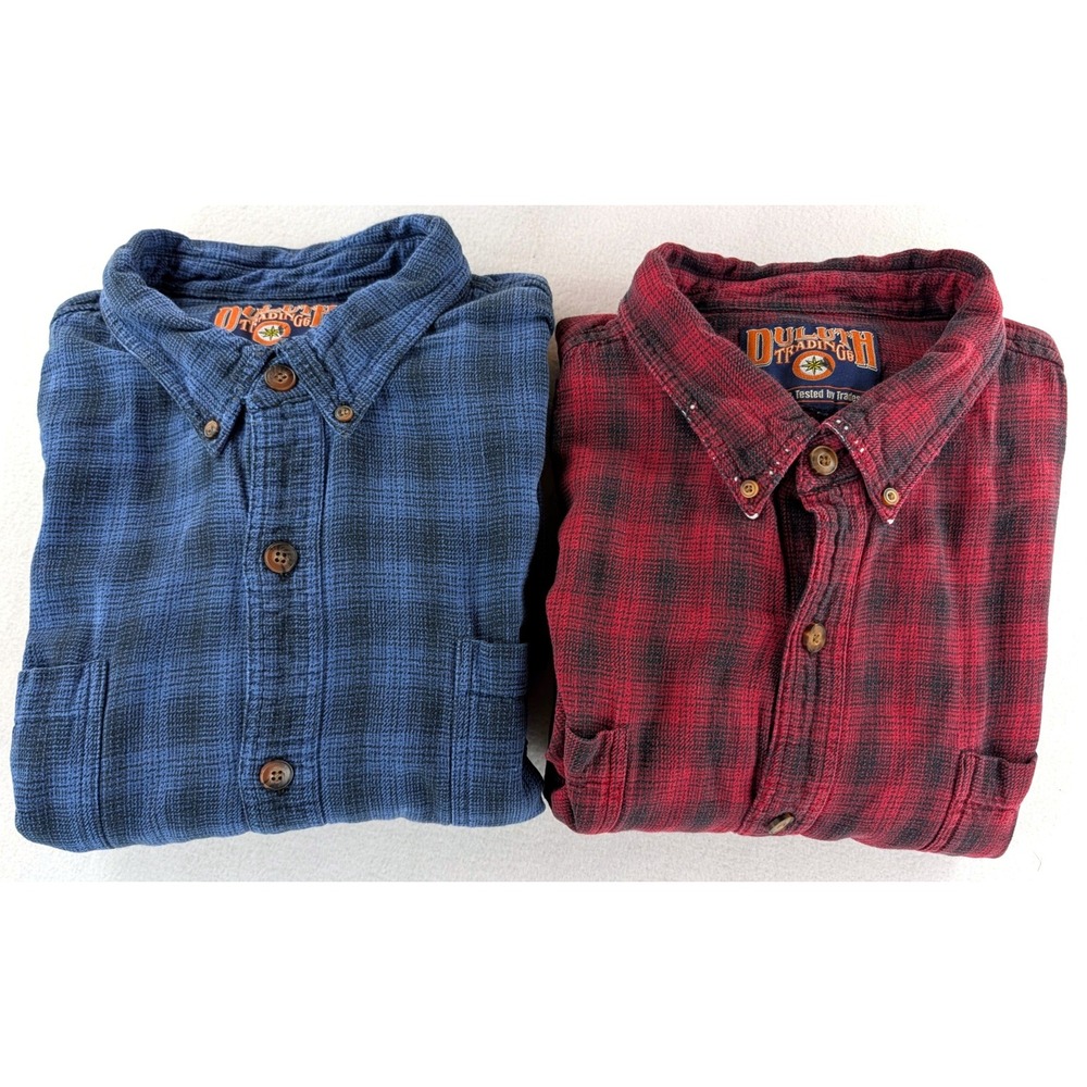 Lot 2 Duluth Trading Co Flannel Shirts Mens 2XL Red Blue Plaid Workwear